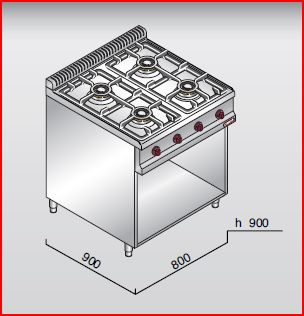 CUCINA PROFESSIONALE A GAS BERTO'S 4 FUOCHI LINEA 900 MAX POWER