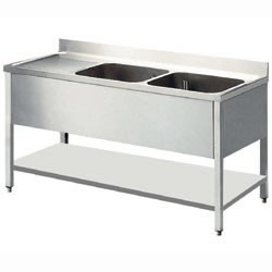  LAVELLO INOX DUE VASCHE SU GAMBE CON RIPIANO 1600x700x850