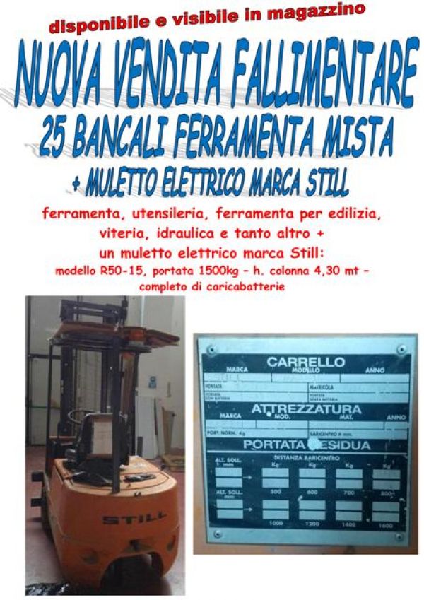 Stock ferramenta mista 25 bancali + muletto elettrico Still 