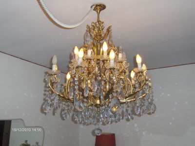 lampadario oro e goccie di cristallo anni 50