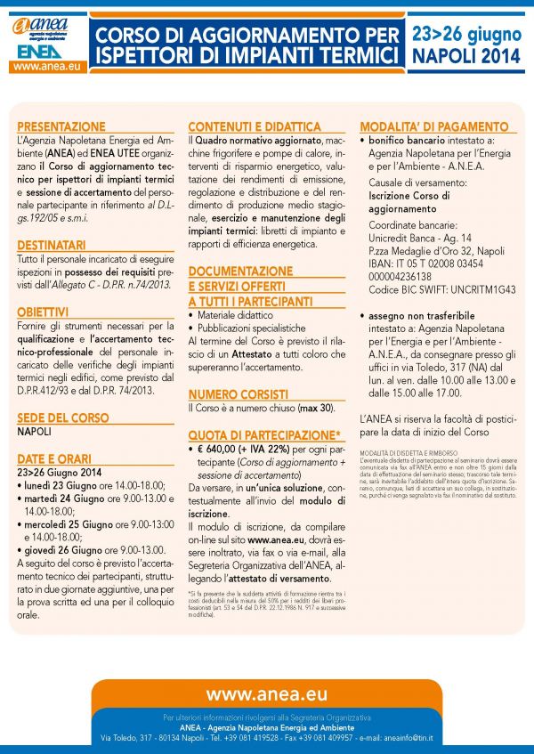 Corso di aggiornamento per ispettori di impianti termici